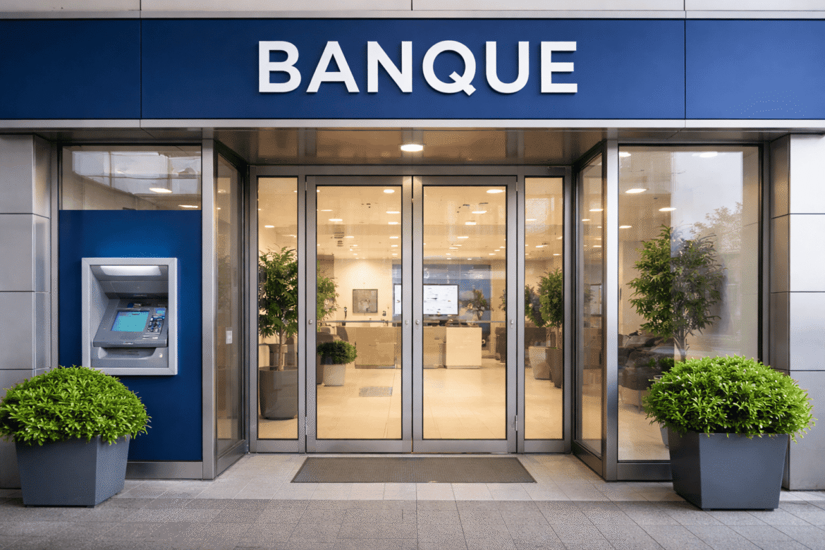 Entrée d’une agence bancaire avec portes vitrées et distributeur automatique