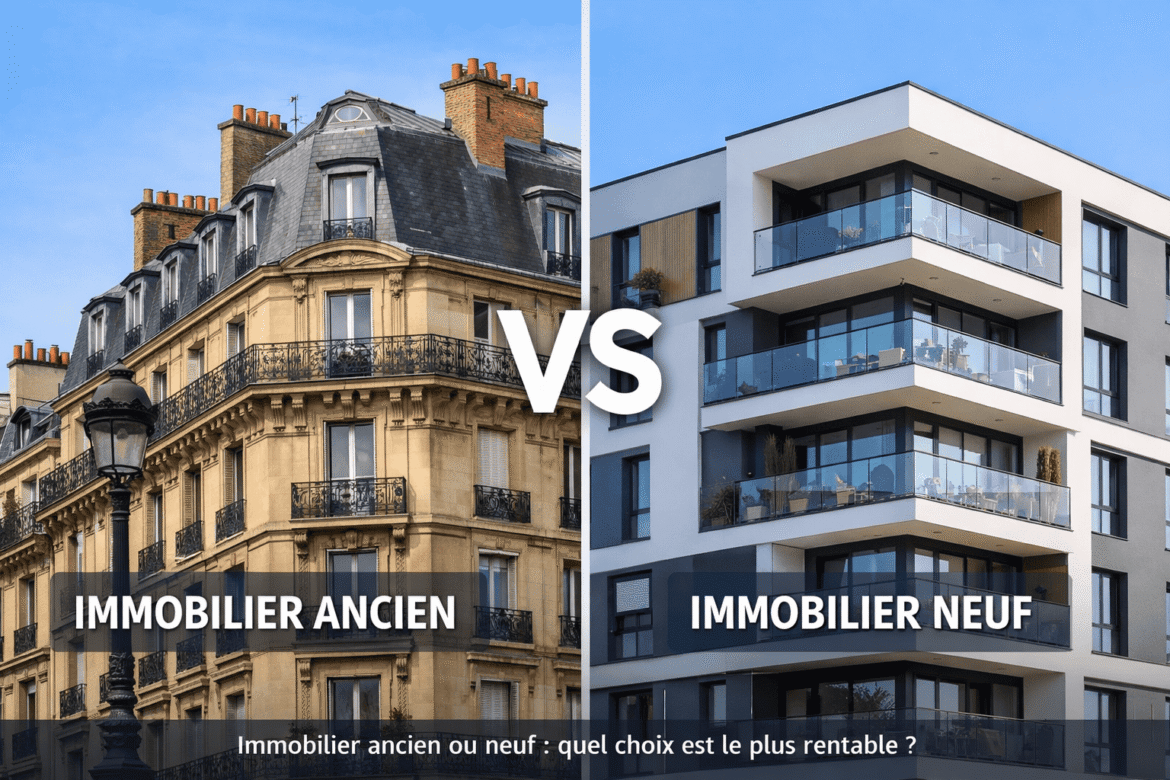Comparaison entre un immeuble ancien de style haussmannien et une résidence moderne neuve pour illustrer le choix immobilier ancien vs neuf.