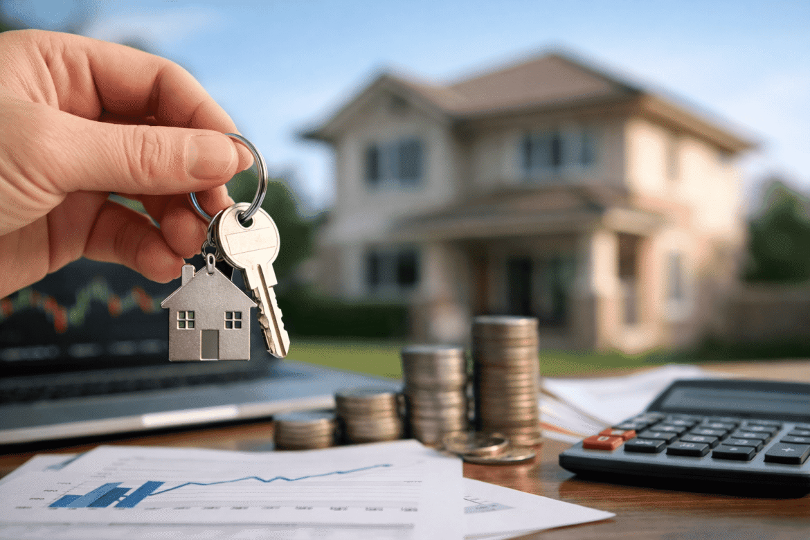 Main tenant un trousseau de clés devant une maison, avec pièces, calculatrice et graphique financier en premier plan.