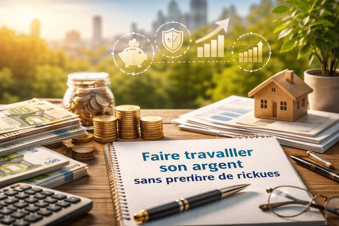 Carnet et pièces en euros sur un bureau, symbole d’une épargne prudente et d’investissements à faible risque