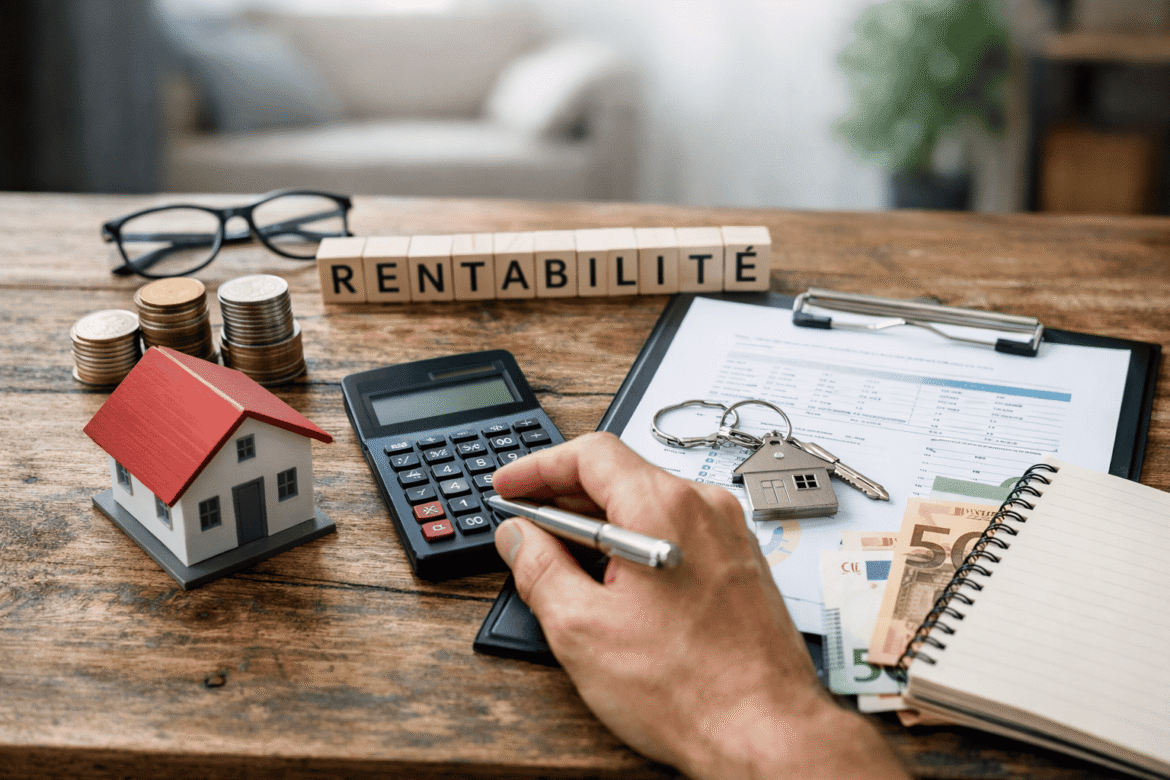 Calcul de la rentabilité locative : calculatrice, clés et mini-maison sur une table
