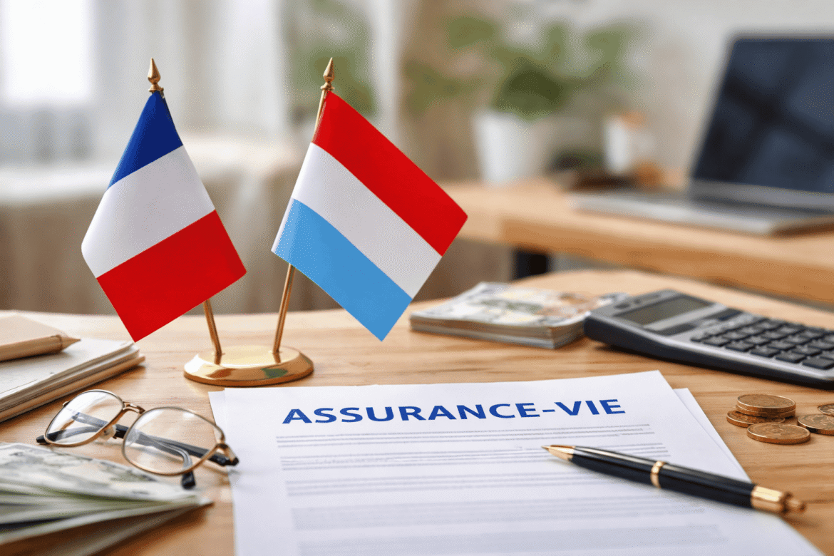 Assurance-vie France vs Luxembourg : documents financiers et drapeaux sur un bureau