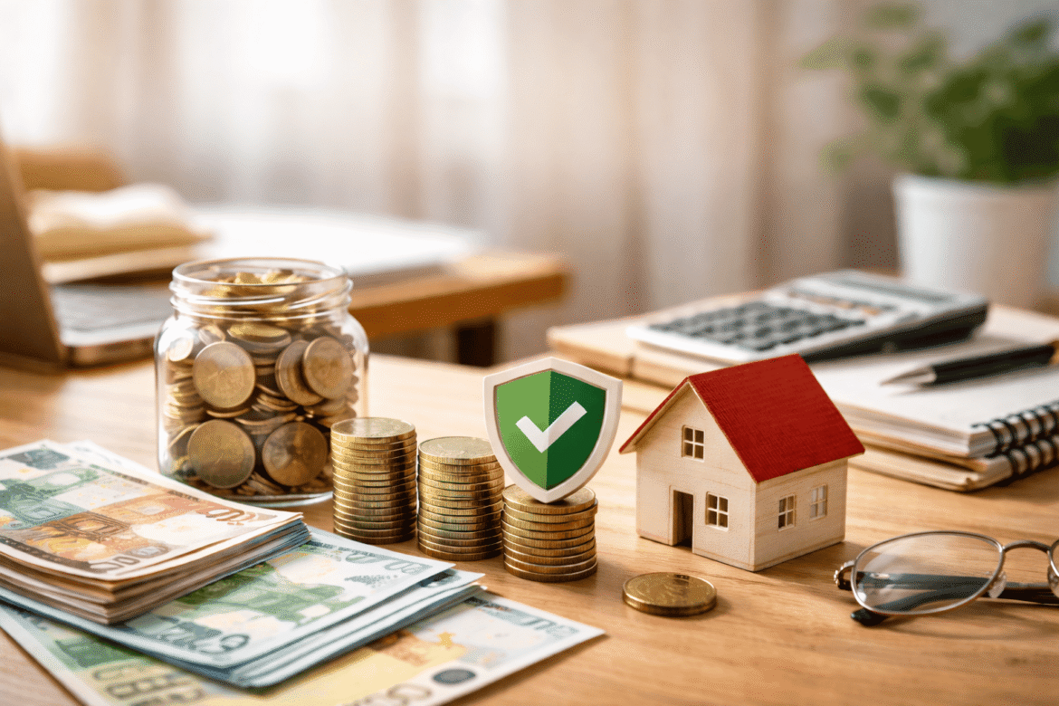 Symboles de placements sécurisés : pièces en euros, épargne et maison sur un bureau