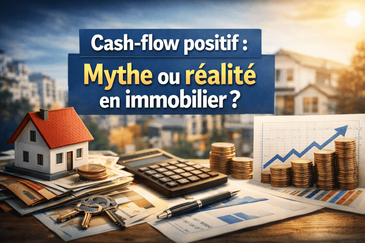 Cash-flow positif en immobilier : maison miniature, calculatrice et pièces illustrant la rentabilité d’un investissement locatif.