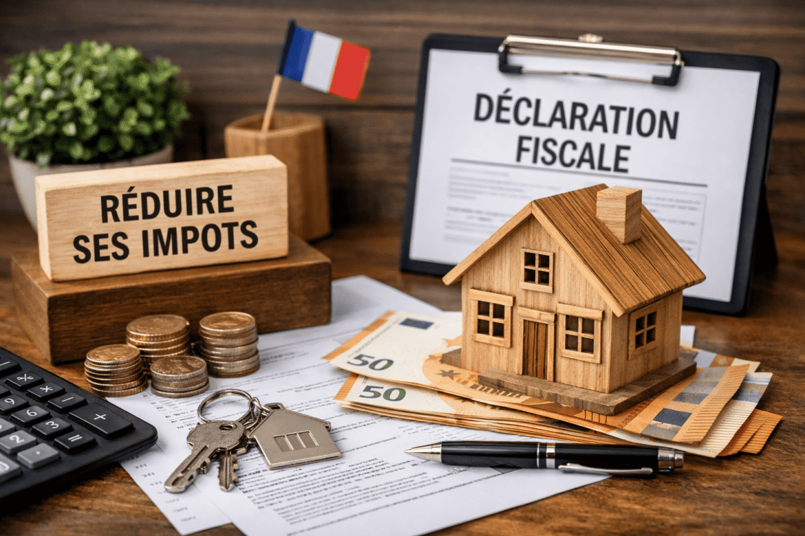 Réduire ses impôts grâce à l’immobilier en France : maison miniature, déclaration fiscale et euros