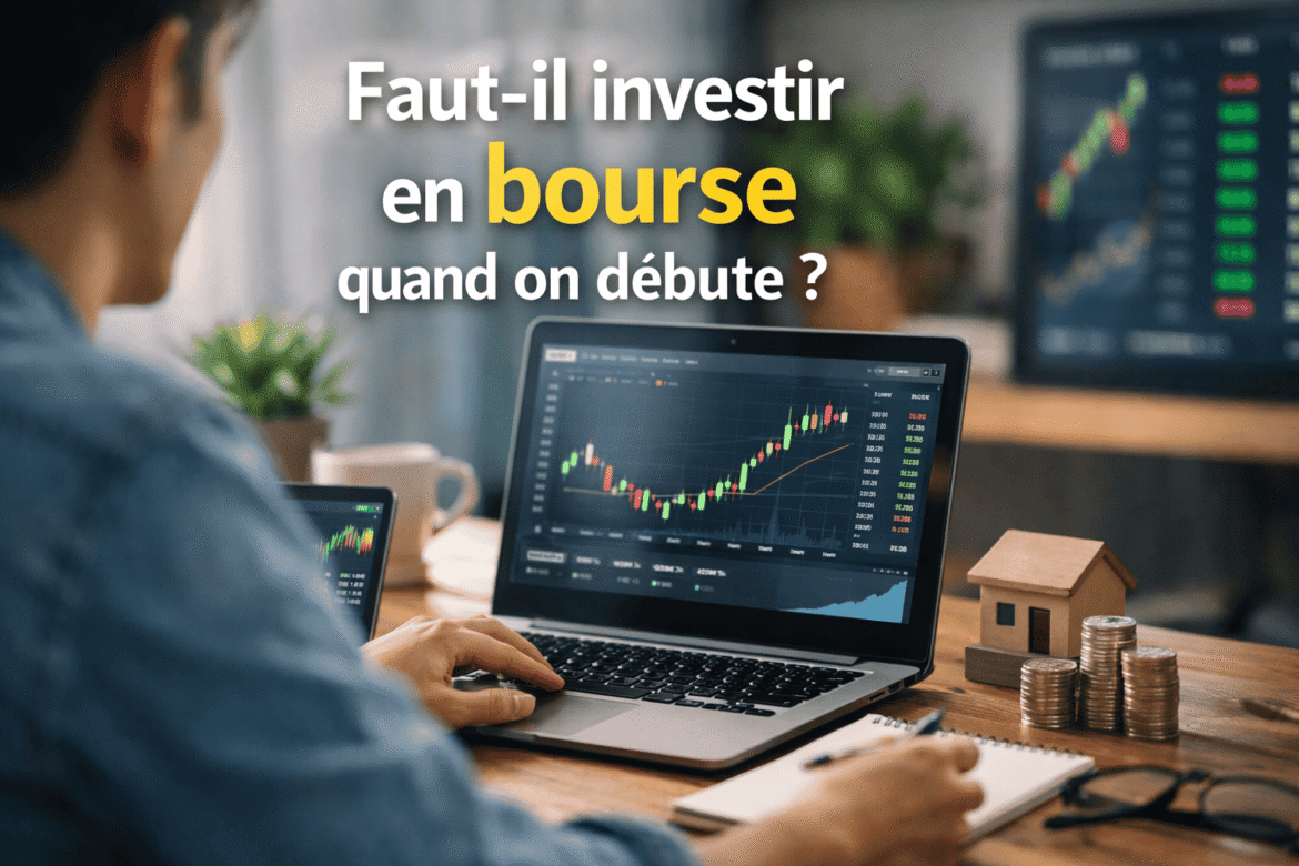 Investisseur débutant analysant des graphiques boursiers sur ordinateur portable, symbolisant le démarrage en bourse.