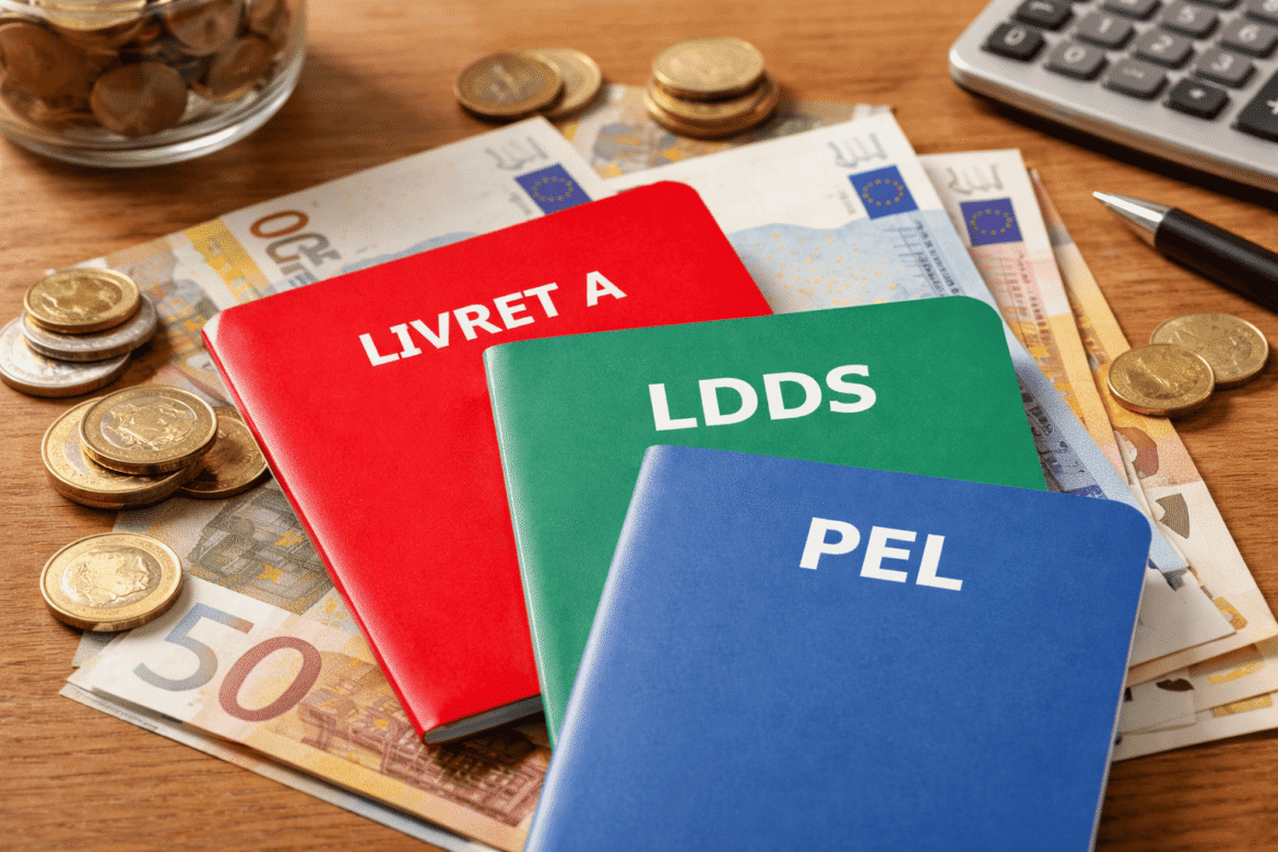 Livret A, LDDS et PEL posés sur une table en bois avec des billets et des pièces en euros