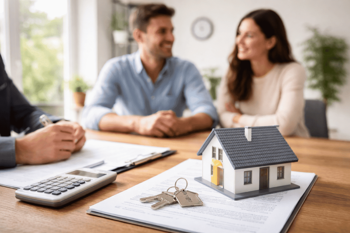 Signature d’un projet immobilier avec une maison miniature, des clés et des documents de crédit sur une table