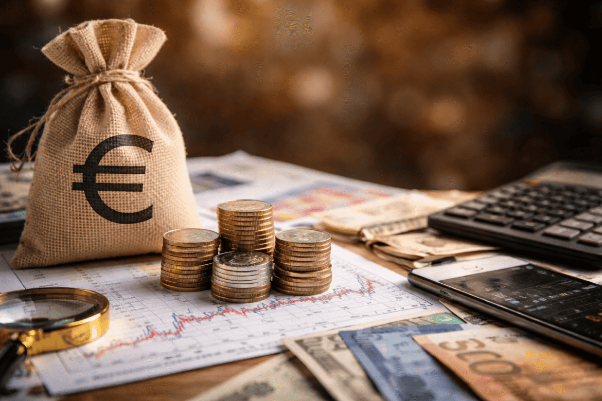 Pièces et billets en euros sur un bureau avec des documents financiers illustrant la protection de l’épargne face à l’inflation